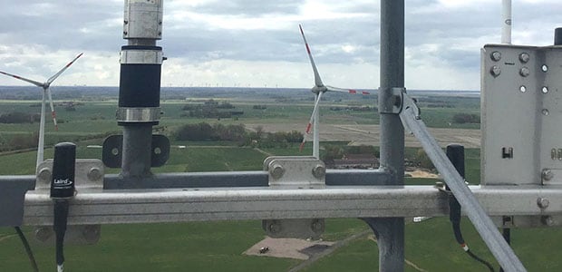 TE’s 4G/3G Multiband Phantom® LTE antennas (TRA6927M3PB-001) and Mini GNSS Omnidirectional GPS antenna (GPSU15P) shown atop a wind turbine.   
